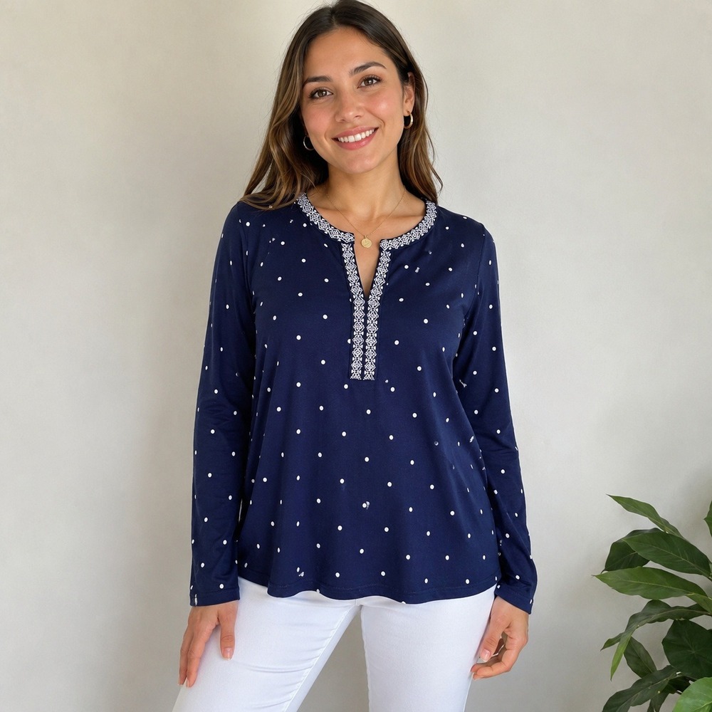 J. Jill Navy Blue Polka Dot Embroidered Split Neck Cotton Modal Top‎ Large